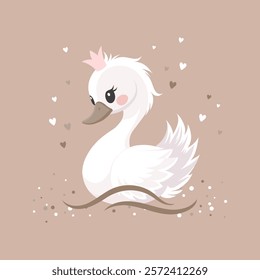 Cute swan princess with pink crown on beige background. Children's illustration, postcard, template for congratulations.