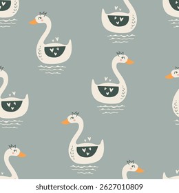 Cisne bonito padrão sem emenda. Ilustração vetorial infantil e lúdica para crianças ou vestuário para bebês, têxtil, impressão, papel de embrulho, jardim de infância, roupa de cama e outros