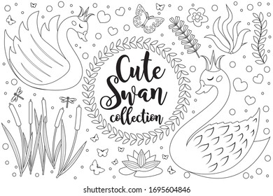 Cute swan set Coloring book page for kids. Collection of design element sketch outline style. Kids baby clip art funny smiling kit. Vector illustration