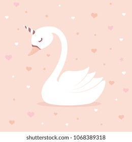 Cute swan unicorn on pink background. Children's card or shirt design