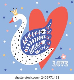 Cute swan. Vector illustration for Valentine's Day. Decorative postcard.