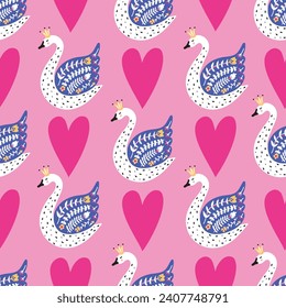 Cute swan. Vector seamkess pattern. Can be used in textile industry, paper, background, scrapbooking.