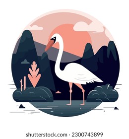 Cute swan walking on landscape backdrop icon isolated