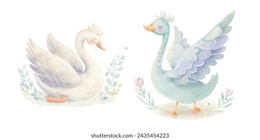 cute swan watercolour vector illustration 
