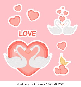 Cute swans with hearts for Valentine's Day in cartoon style. Lettering Love. Stickers.