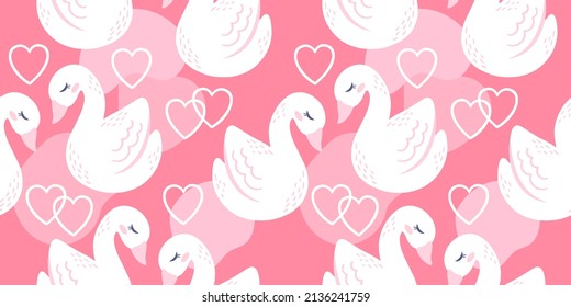 Cute swans in love, vector seamless pattern, hand drawing