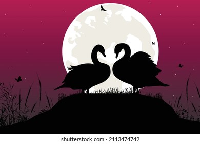 cute swans and moon silhouette