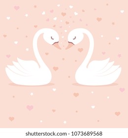 Cute swans on pink background. Children's card or shirt design.