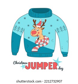 Cute Sweater With A Funny Reindeer. Christmas Jumper Day. 