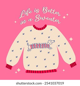 cute sweaters. Christmas knitted clothes with holiday patterns and decorations. Warm wear. Xmas colorful garment. Cozy pullovers