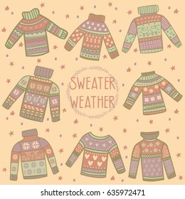 Cute sweaters vector set in color with calligraphy text