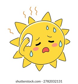 Cute sweating sun character in doodle style showing summer heat and hot weather emotion