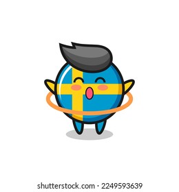 cute sweden flag badge cartoon is playing hula hoop , cute style design for t shirt, sticker, logo element