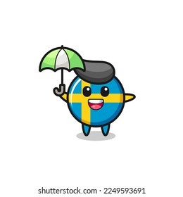 cute sweden flag badge illustration holding an umbrella , cute style design for t shirt, sticker, logo element