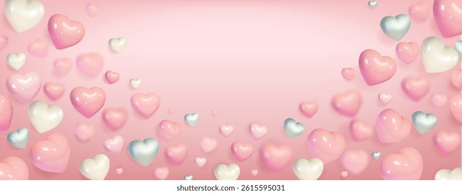 Cute sweet 3D heart falling on pink pastel background. Candy colors pink pearl white Vector illustration. Horizontal banner