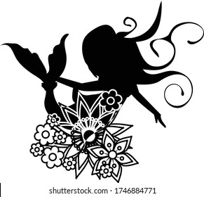 Cute, sweet and adorable Floral Mermaid Silhouette perfect for decor, card invitations, calendars, wall art, clothes, baby clothes, birthdays, nursery, baby shower, children, crafts etc.