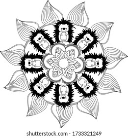 Cute, sweet and adorable Mandala out of hedgehog and flowers perfect for decor, card invitations, calendars, wall art, clothes, baby clothes, birthdays, nursery, baby shower, children, crafts.