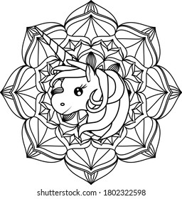 Cute, sweet and adorable Mandala with Unicorn  perfect for decor, card invitations, calendars, wall art, clothes, baby clothes, birthdays, nursery, baby shower, children, party, clothes, print etc.