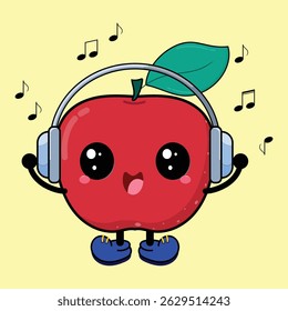 Cute And Sweet Apple Cartoon Listening To Music Happily Clipart Illustration