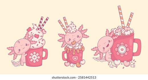 Cute sweet Axolotl. Funny little kawaii character with festive cup Hot Cocoa with Marshmallows and creamy dessert with sprinkles and candies. Isolated Vector illustration