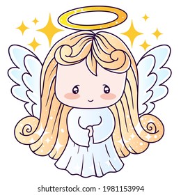 Cute sweet baby Angel. Girly flat vector hand drawings for kids and children. Fairy character, cute, girl, Angel. Angel girl, cute and very pretty. Isolated on background. Vector