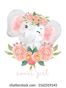 cute sweet baby elephant girl adorable smile sit in flower bouquet  watercolor animal cartoon hand drawn illustration 