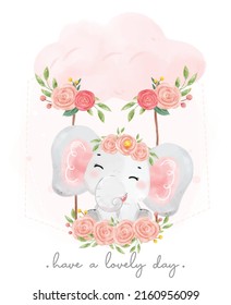 cute sweet baby elephant pink girl adorable smile sitting flower swing  watercolor animal cartoon han drawn illustration 
