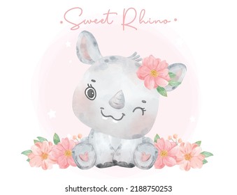 cute sweet baby rhino animal with flowers watercolor, sweet baby, nursery animal hand drawn watercolor illustration vector