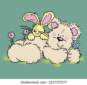 süßer und süßer Bär und Kaninchen, die auf dem Grasfeld spielen.  
