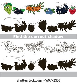 Cute sweet berries set with shadows to find the correct one. Compare and connect objects and their true shadows. Easy educational kid gaming. Simple level of difficulty. Logic game for children.