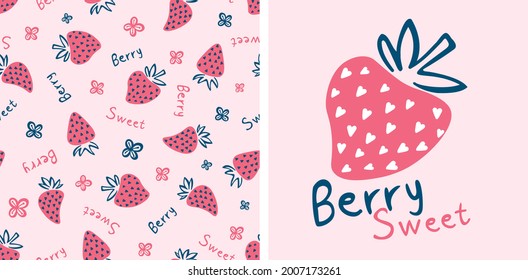 cute sweet berry strawberry seamless patterns and element for printable in minimal style isolated in background. Strawberry pattern set. Textile print for little baby.