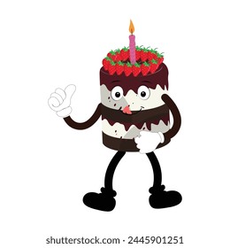 Cute sweet birthday cake cartoon character design, vintage character cartoon birthday cake, retro sticker of happy chocolate cake with candles