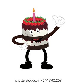 Cute sweet birthday cake cartoon character design, vintage character cartoon birthday cake, retro sticker of happy chocolate cake with candles