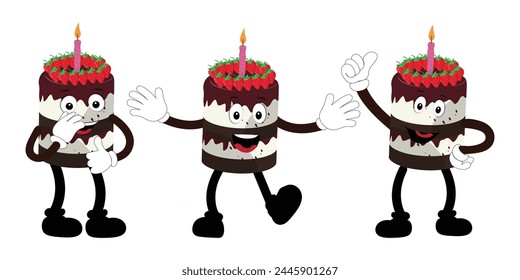Cute sweet birthday cake cartoon character design, vintage character cartoon birthday cake, retro sticker of happy chocolate cake with candles