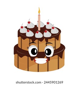 Cute sweet birthday cake cartoon character design, vintage character cartoon birthday cake, retro sticker of happy chocolate cake with candles