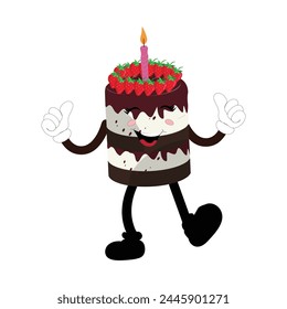 Cute sweet birthday cake cartoon character design, vintage character cartoon birthday cake, retro sticker of happy chocolate cake with candles