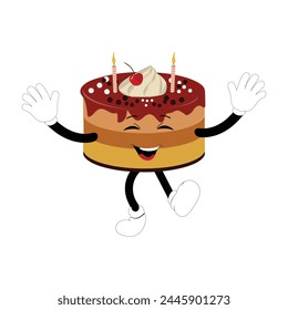 Cute sweet birthday cake cartoon character design, vintage character cartoon birthday cake, retro sticker of happy chocolate cake with candles