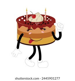 Cute sweet birthday cake cartoon character design, vintage character cartoon birthday cake, retro sticker of happy chocolate cake with candles