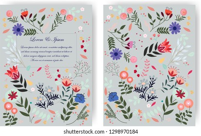 Cute sweet blue botanical tropical leaves and flowers wedding invitation template card,on blue background,illustration vector by freehand doodle comic art flat design