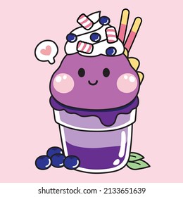 Cute sweet blueberry with dinosaur head whipping cream and marshmallow.Animal character design.Kawaii food cartoon style.Fruit.Drink.Beverage.Vector.Illustration.