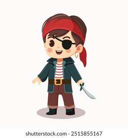 Lindo y dulce chico pirata con una espada sobre fondo blanco. Personaje de dibujos animados en estilo plano. Ilustración vectorial