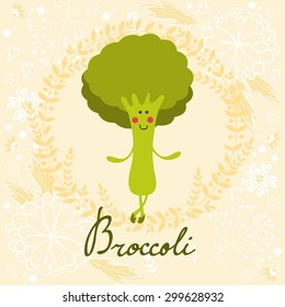 Cute sweet broccoli character illustration on a floral background with soft colors