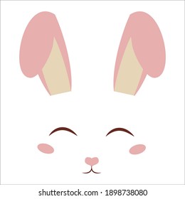 Cute, sweet bunny face with ears, decoration in cartoon style isolated on white background. Fashion print, adorable character rabbit. Easter greetings.