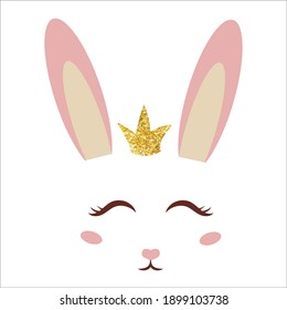 Cute, Sweet Bunny Face With Ears, Decoration In Cartoon Style Isolated On White Background. Fashion Print, Adorable Character Rabbit. Easter Greetings.