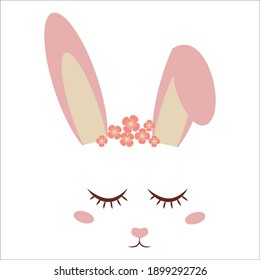 Cute, sweet bunny face with ears, decoration in cartoon style isolated on white background. Fashion print, adorable character rabbit. Easter greetings.