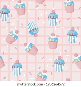 cute sweet cake on a pink background. Vector pattern. Cake, candy, holiday, birthday. For fabric, postcards, packaging.