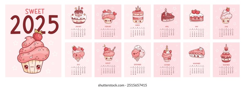 Cute sweet calendar 2025. Funny cartoon kawaii character desserts, birthday cake, ice cream and cupcake. Vector vertical printable planner organizer. Cover and 12 month pages English. Week from Sunday