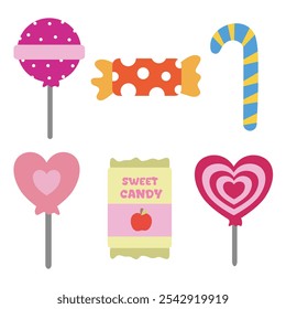 Cute sweet and candies element set with kawaii style. Suitable for flat design graphic illustration, clip art, stickers, posters, stickers, cards, etc 