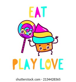 cute sweet candy and cake character vector