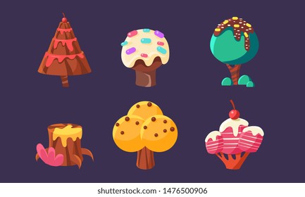 Cute Sweet Candy Trees and Plants Set, Colorful Fantasy Elements for Mobile or Video Game User Interface Assets Vector Illustration